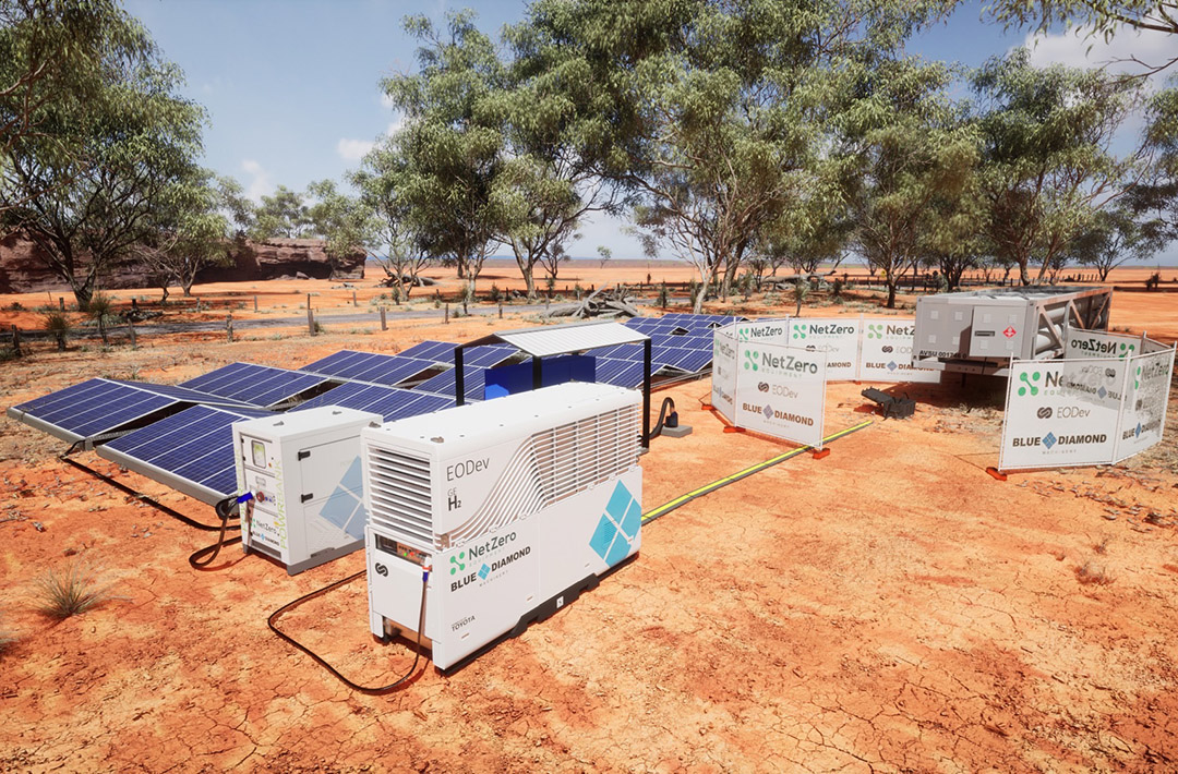 Micro grid with solar panels and hydrogen generator in a remote job site.